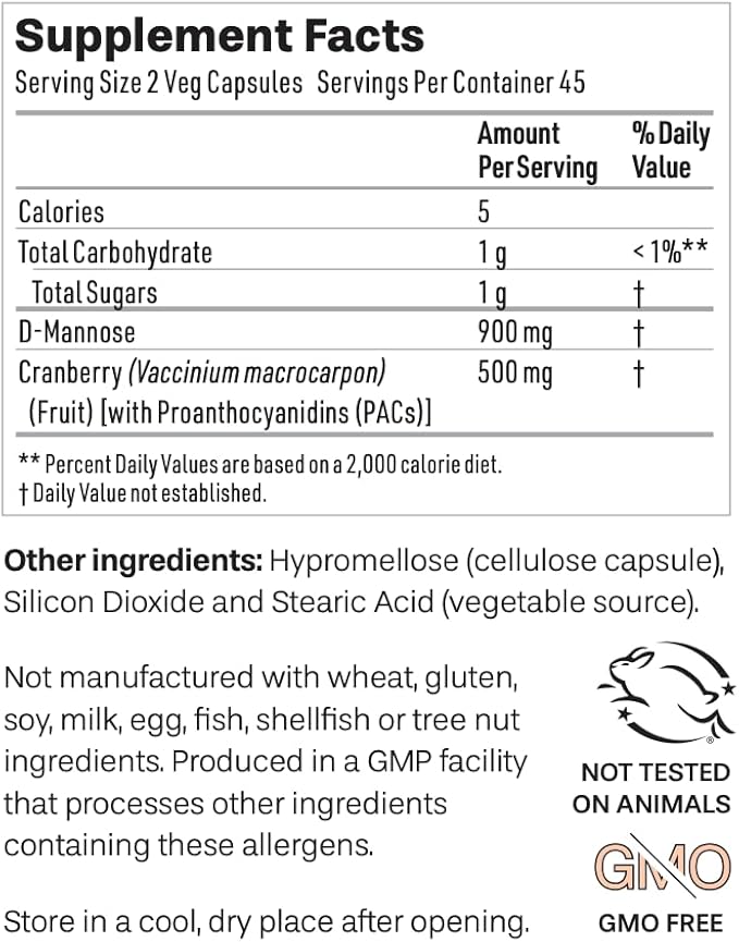 NeuEve Cranberry D-Mannose Urinary Support Supplement, Sugar-Free Cranberry Pills, Non-GMO, 90 Capsules