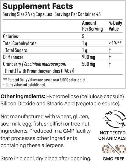 NeuEve Cranberry D-Mannose Urinary Support Supplement, Sugar-Free Cranberry Pills, Non-GMO, 90 Capsules