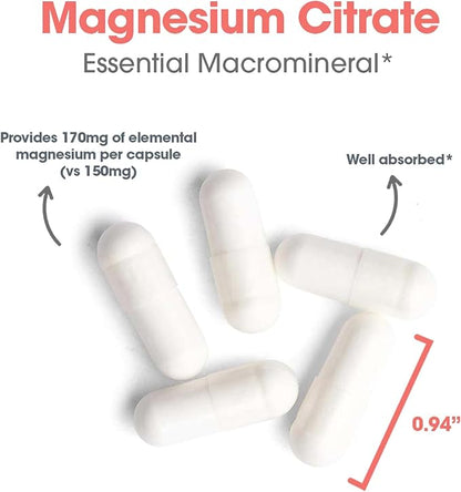Allergy Research Group Magnesium Citrate Dietary Supplement - Bone & Stress Support, Well-Absorbed, Hypoallergenic, Vegetarian Capsules, Gluten Free - 180 Count