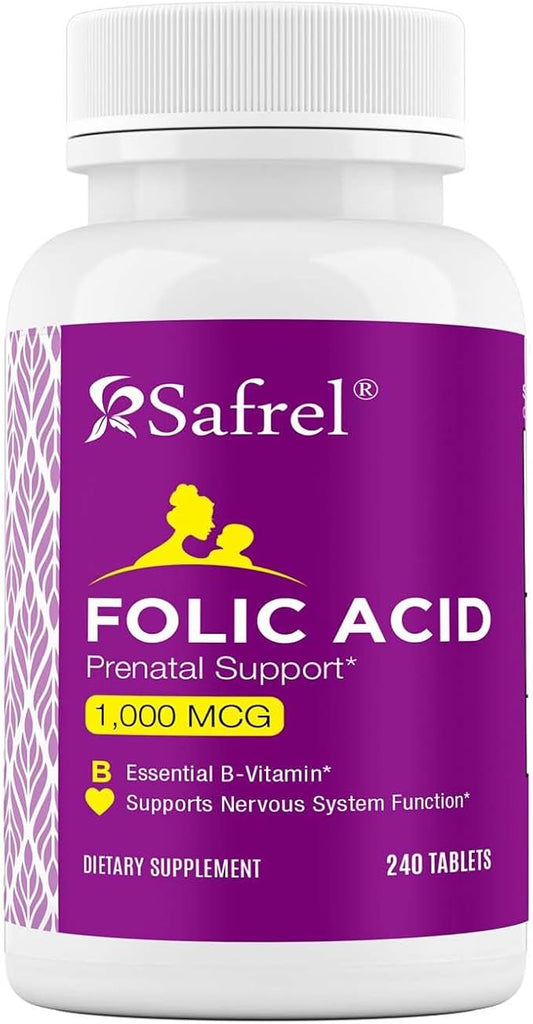 Safrel Folic Acid 1000 mcg (1 mg) - Vitamin B9-240 Tablets, Essential Prenatal and Postnatal Vitamin for Fetal Development, Red Blood Cell Production, Cell and Neural Development | Non-GMO, Vegan