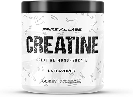 Primeval Labs Creatine Monohydrate | Muscle Recovery + Builder for Men & Women | Workout Supplements Easy to Mix | Unflavored | 60 Servings | 5g Creatine Per Serving
