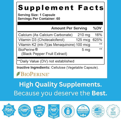 Vitamin K2 D3 w/Calcium and Bioperine, Vitamin K2 (MK7) with D3 Supplement Non-GMO, Vitamin D3, Vitamin K2 MK-7 Easy to Swallow Vitamin D & K Complex, 60 Capsules