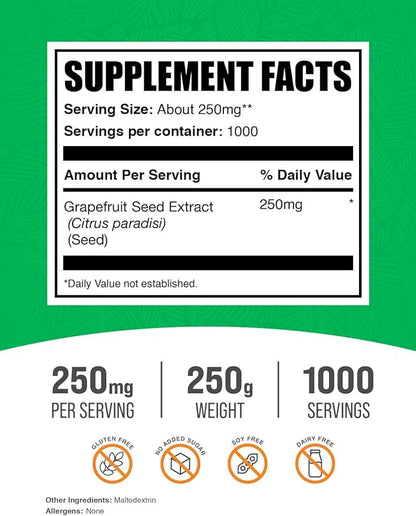 BulkSupplements.com Grapefruit Seed Extract Powder - Grapefruit Seed Supplements, Antioxidant Source - Herbal Supplement, Gluten Free, 250mg per Serving, 250g (8.8 oz) (Pack of 1)