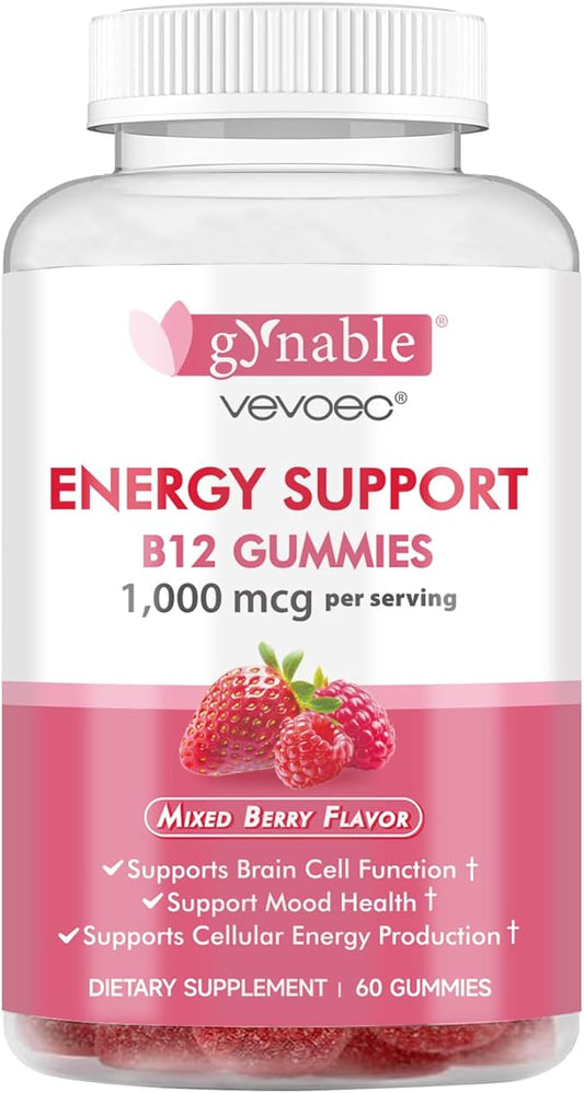 Vitamin B12 Gummies,Energy Support, Nervous System Health Support,Mixed Berry Flavor, 1000mcg, 60 Count,Gelatin-Free, Gluten-Free, Vegan & Non-GMO