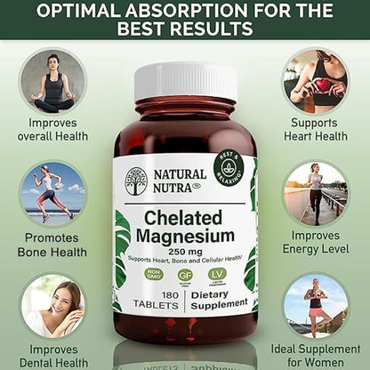 Natural Nutra Chelated Magnesium Oxide 250 mg - High Absorption for Strong Bones, Heart Health, Dental Health, Energy Boost, Gluten-Free, Non-GMO, 180 Tablets in BPA-Free Recyclable Glass Bottles