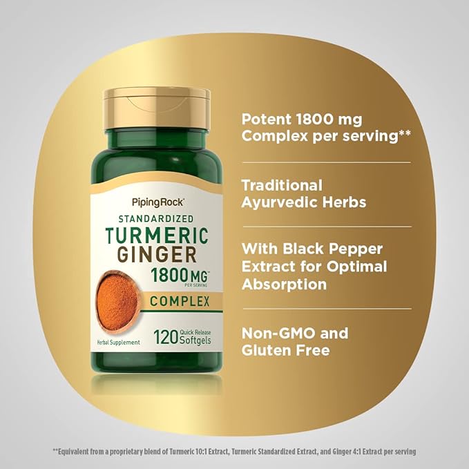 Piping Rock Turmeric and Ginger Supplement 1800mg | 120 Softgels | with Black Pepper Extract | Herbal Extract Complex | Non-GMO, Gluten Free