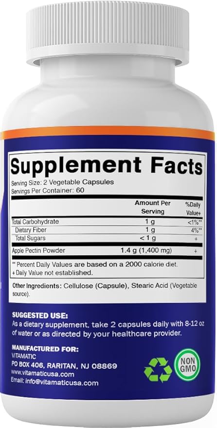 Vitamatic Apple Pectin 700mg – 120 Vegetarian Capsules per Bottle | 2-Pack (240 Vegetarian Capsules) Natural Dietary Fiber Supplement – Supports Digestive Health & Regularity*