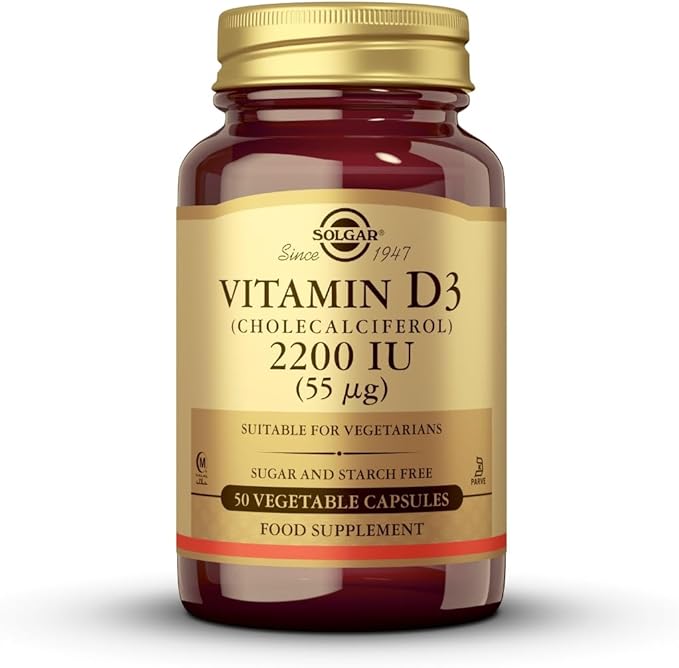 SOLGAR Vitamin D3 (Cholecalciferol) 55 mcg (2200 IU) - 50 Vegetable Capsules - Non-GMO, Gluten Free, Dairy Free, Kosher - 50 Servings