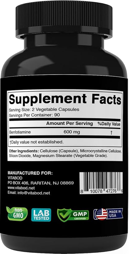 Benfotiamine 600mg – 180 Vegetarian Capsules – Fat-Soluble Vitamin B1 Supplement