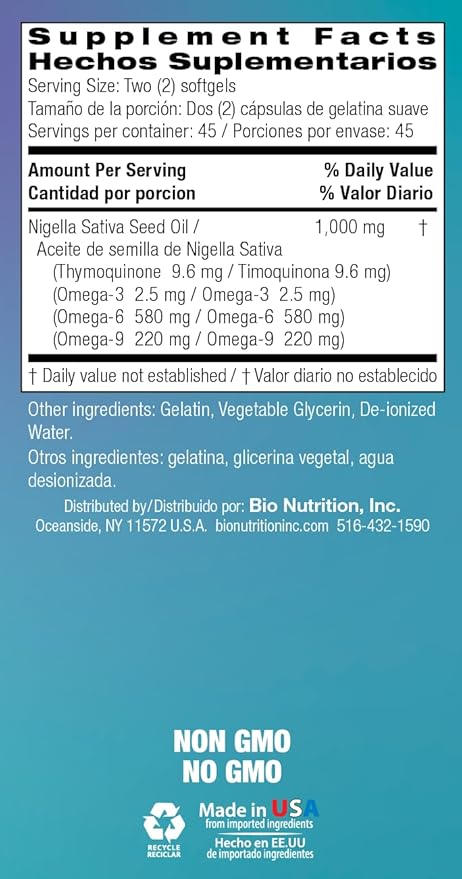 Bio Nutrition Black Seed Oil Premium 90 Softgels | Cold Pressed | Hair & Skin