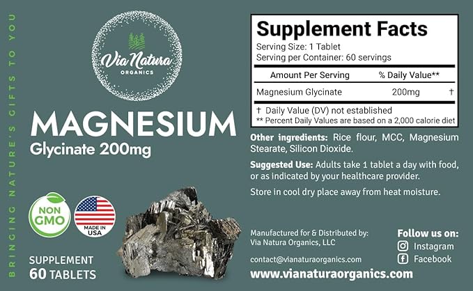 Magnesium Glycinate 200 mg | Gluten Free | Non-GMO | 60 Tables by Via Natura Organics