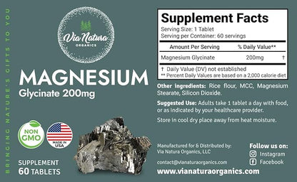 Magnesium Glycinate 200 mg | Gluten Free | Non-GMO | 60 Tables by Via Natura Organics