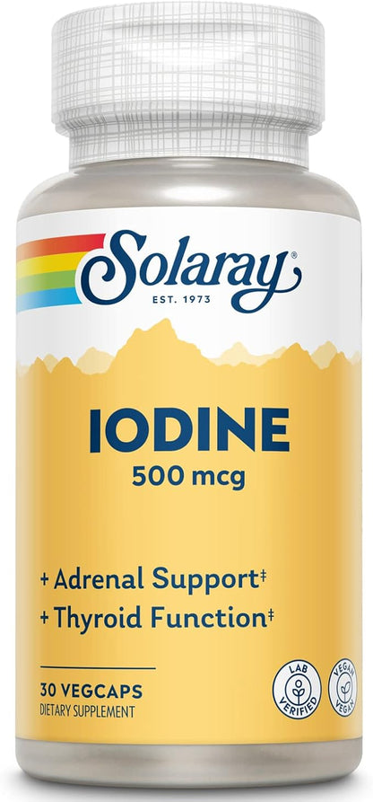 Solaray Iodine 500 mcg, Iodine Supplement for Healthy Adrenal and Thyroid Support, Energy, Metabolism, and Focus, Potassium Iodide, Vegan, 60-Day Money-Back Guarantee, 30 Servings, 30 VegCaps