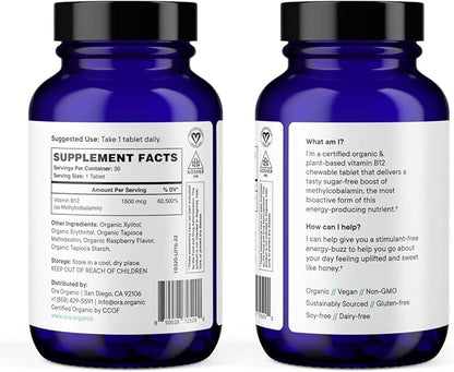 Ora Organic Vitamin B12 1500mcg - Plant-Based methylcobalamin for Adults - Natural Stimulant-Free Energy, Raspberry Flavor chewable Tablets, no Added Sugar - 30 Tablets