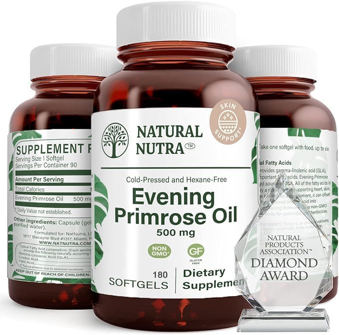 Natural Nutra Evening Primrose Oil Supplement from Fatty Acid, Helps Overcome Body Pain, Nerve Health, Promote Hearth Health & Skin Clarity, Helps Reduce Digestive Discomfort, 500 mg, 180 Softgel