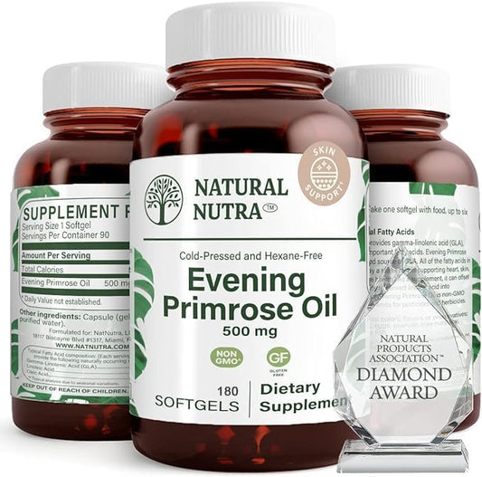 Natural Nutra Evening Primrose Oil Supplement from Fatty Acid, Helps Overcome Body Pain, Nerve Health, Promote Hearth Health & Skin Clarity, Helps Reduce Digestive Discomfort, 500 mg, 180 Softgel