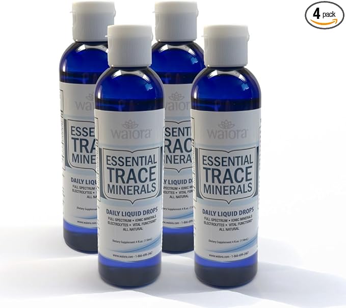 Waiora Essential Trace Minerals | Help Replenish Lost/Depleted Mineral | 60+ Ionic Trace Minerals | Support Body’s Vital Functions, pH Balance | Plus Electrolytes for Hydration (4 Bott /192 serv)