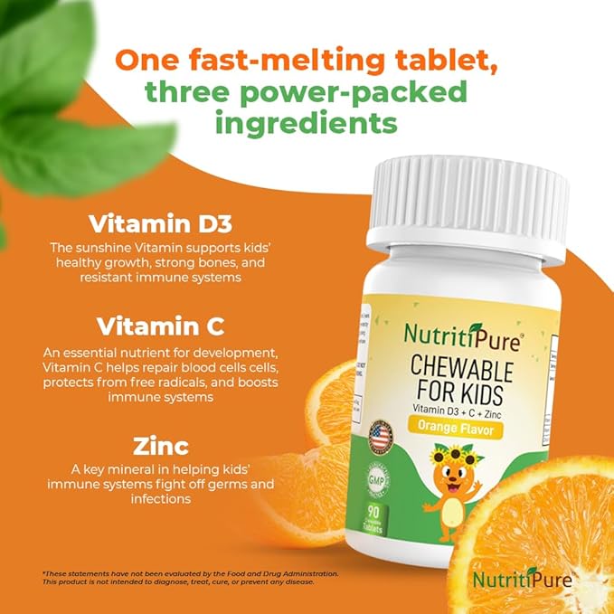 Chewable Vitamin D3 (Cholecalciferol) 25 mcg (1000 IU) + Zinc (Zinc Citrate) 5mg + Vitamin C 30mg for Kids Orange Flavor 90/Bottle (1)