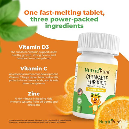 Chewable Vitamin D3 (Cholecalciferol) 25 mcg (1000 IU) + Zinc (Zinc Citrate) 5mg + Vitamin C 30mg for Kids Orange Flavor 90/Bottle (1)