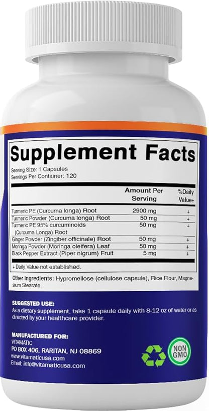 Vitamatic Turmeric Curcumin Supplement 3000 mg Equivalent Per Serving, Made with 95% Curcuminoids, Black Pepper, Ginger, Moringa, 120 Vegetable Capsules, Non-GMO, Gluten Free (120 Capsules)