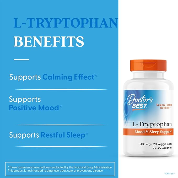 Doctor's Best L-Tryptophan , Helps Sleep, Healthy Mood & Behavior, Non-GMO, Vegan, Gluten & Soy Free, Veggie Caps, Promotes Normal, Healthy Restful Sleep, 90 Count