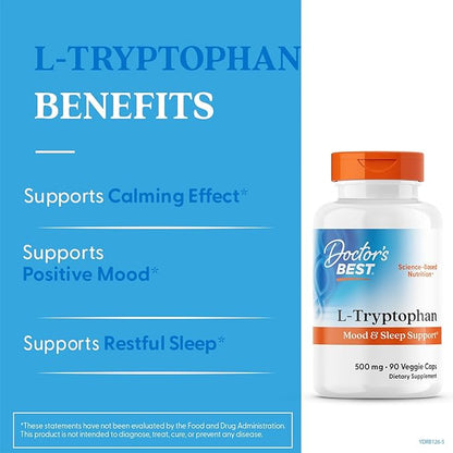 Doctor's Best L-Tryptophan , Helps Sleep, Healthy Mood & Behavior, Non-GMO, Vegan, Gluten & Soy Free, Veggie Caps, Promotes Normal, Healthy Restful Sleep, 90 Count