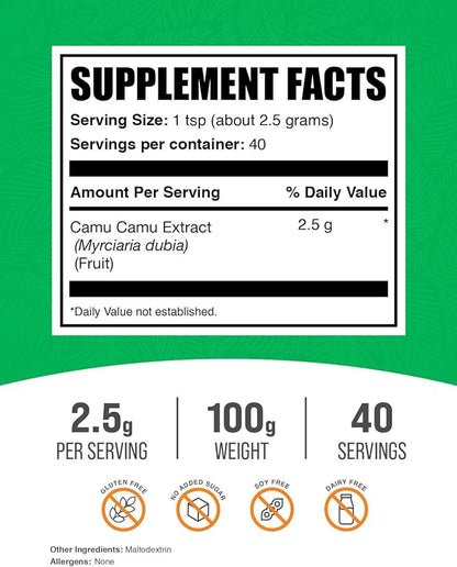 BulkSupplements.com Camu Camu Extract Powder - Superfood Supplement, Camu Camu Supplement - Vegan & Gluten Free, 2.5g per Serving, 100g (3.5 oz) (Pack of 1)