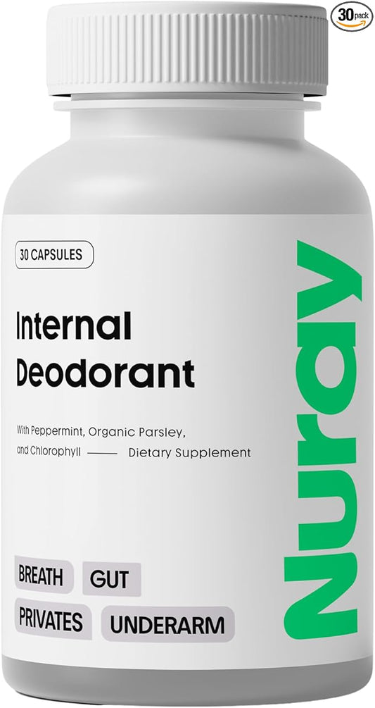 Nuray Internal Deodorant Supplement | Natural Chlorophyll 30 Capsules for Body Odor Control, Gut Health, and Fresh Breath | Vegan, Detox Support, & Skin Health | Odor Eliminator for Men & Women