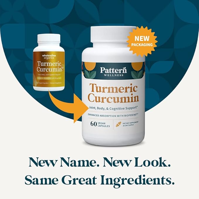 Pattern Wellness Turmeric Curcumin - 1300mg - 95% Curcuminoids with Bioperine Black Pepper Extract - Natural Joint, Health & Cognitive Support - Non-GMO, Gluten Free - 120 Capsules