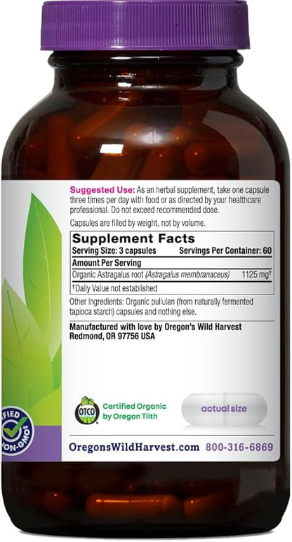 Oregon's Wild Harvest Non-GMO Certified Organic Astragalus Capsules Long Term Immune Support Herbal Supplements-180 Count