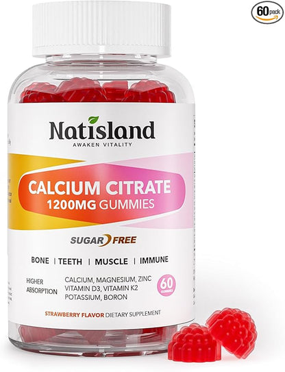Calcium Citrate Gummies 1200 mg, Chewable Calcium Supplements for Women & Men with Vitamin D3, K2, Magnesium, Zinc, Potassium, Boron, Sugar-Free, Vegan, Immune & Bone Support, 60 Gummies