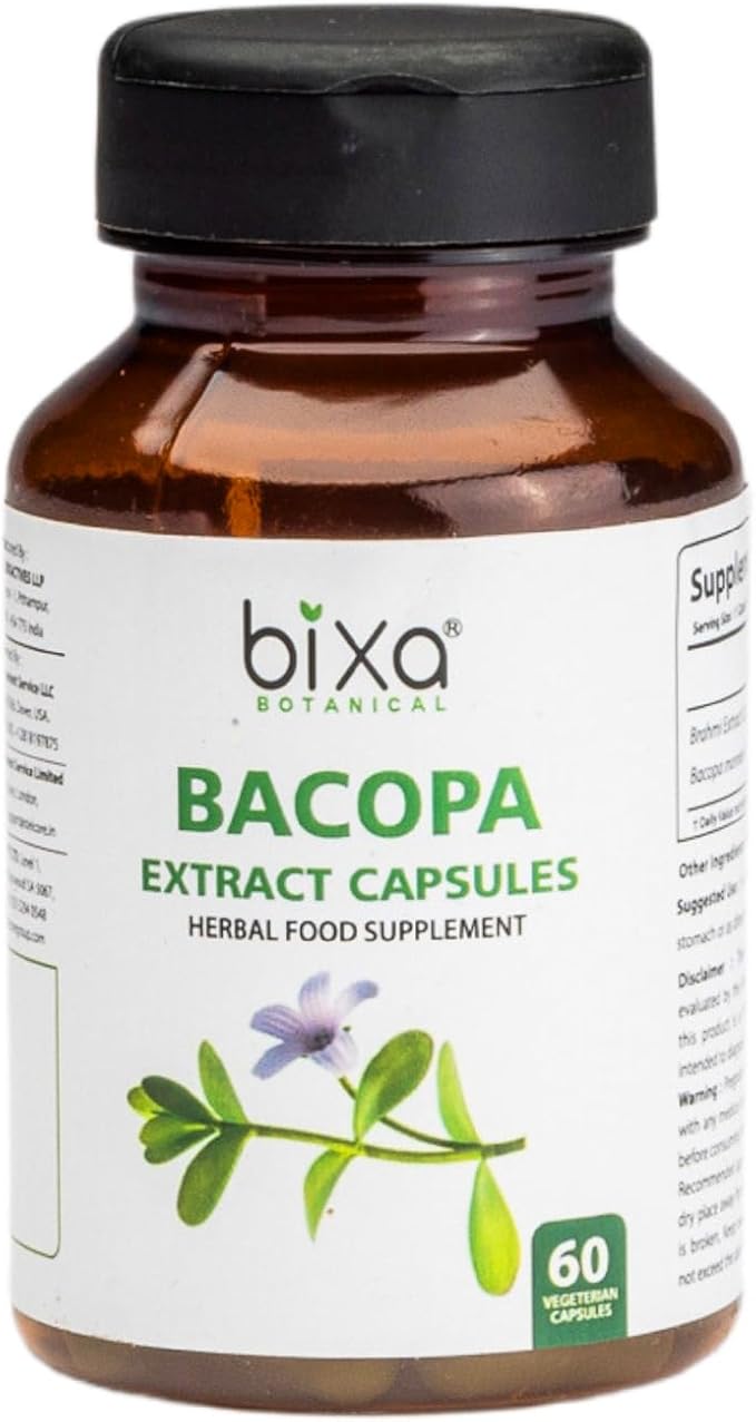 bixa BOTANICAL Bacopa (Brahmi/Bacopa Monnieri/Brahmi Leaves) ǀ Ayurvedic Herbal Supplement | Gluten Free, Non-GMO, Steam Sterlized, Vegan, 100% Pure 450 Mg Veg Capsules (60 Count (Pack of 1))