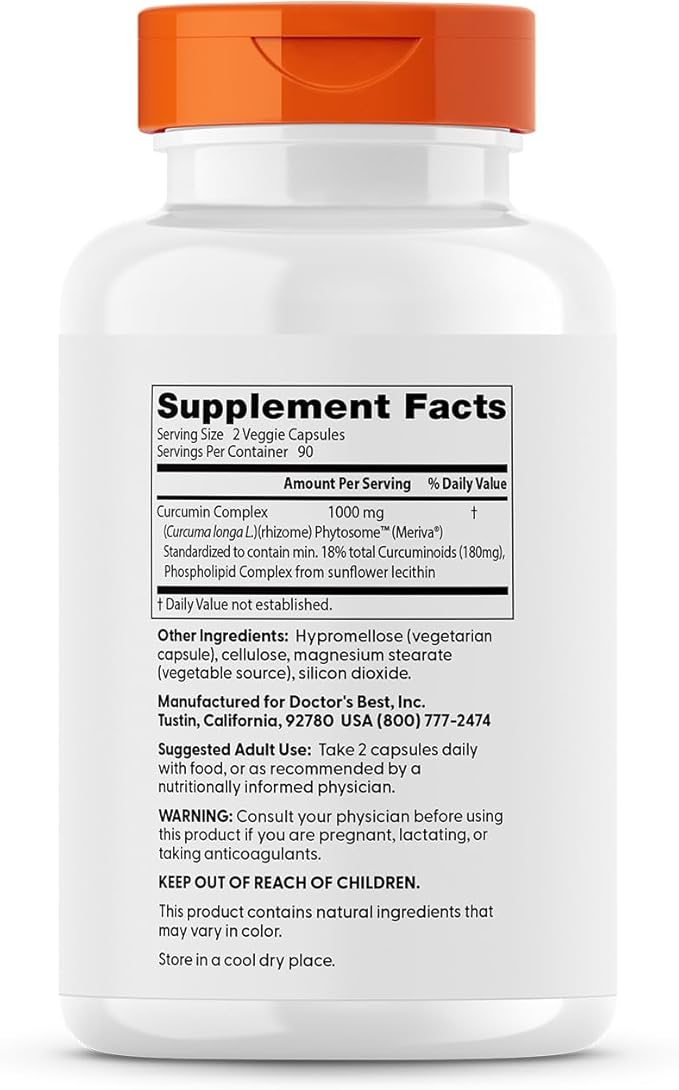 Doctors Best Curcumin Phytosome, Bioavailable Curcumin, Non-GMO, Gluten Free, Soy Free, Vegan 180 Veggie Caps