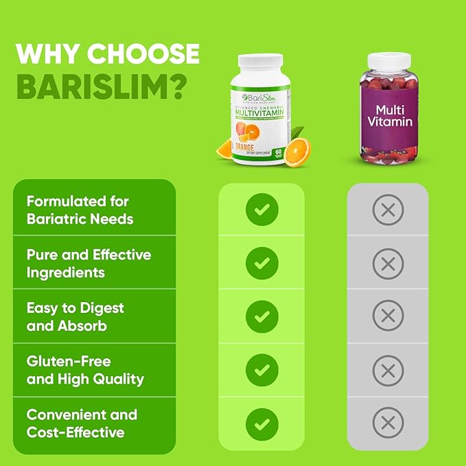 BariSlim Advanced Chewable Bariatric Multivitamin Tablets - Bariatric Vitamin and Supplement for Post Bariatric Surgery Including Gastric Bypass and Gastric Sleeve | Orange (60 Count)