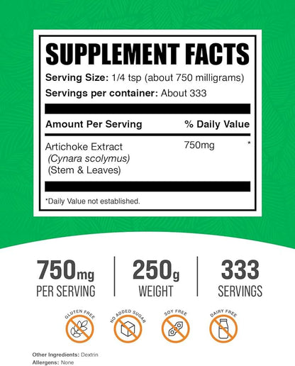 BulkSupplements.com Artichoke Extract Powder - Herbal Supplement, Artichoke Supplement - Vegan & Gluten Free, 750mg per Serving, 250g (8.8 oz) (Pack of 1)
