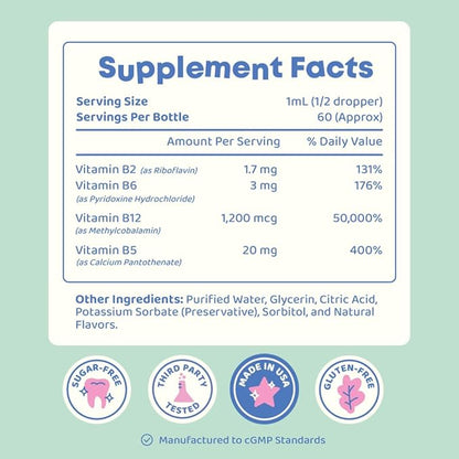 JoySpring Burst B12 Drops - Vitamin B Complex for Kids (2 fl oz) B2, B6, B5 + Methylcobalamin B12 Children Supplement to Support Healthy Growth & Development, Vegan B12, Ages 2-16+ | 60 Servings