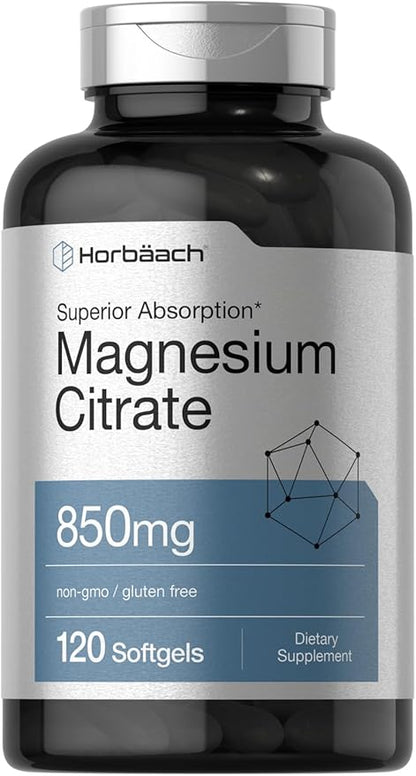 Horbäach Magnesium Citrate | 850mg | 120 Softgels | Superior Absorption | Non-GMO and Gluten Free Formula