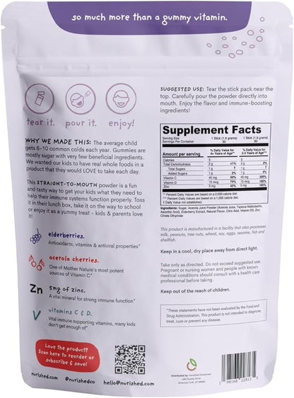 Kids Immune Booster with Elderberry, Acerola Cherry, Zinc, Vitamins C & D - Straight-to-Mouth Powder - 30 Servings - 2 Flavors