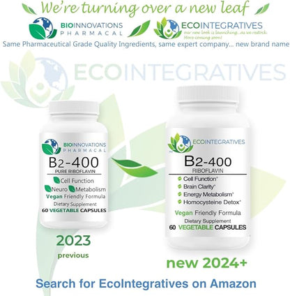 B2-400 Pure Riboflavin - Nervous System Health, Homocysteine Detox, Cardiovascular, Helps Boost Energy, Mental Clarity, Metabolism and Cell Function - 60 Vegan Capsules