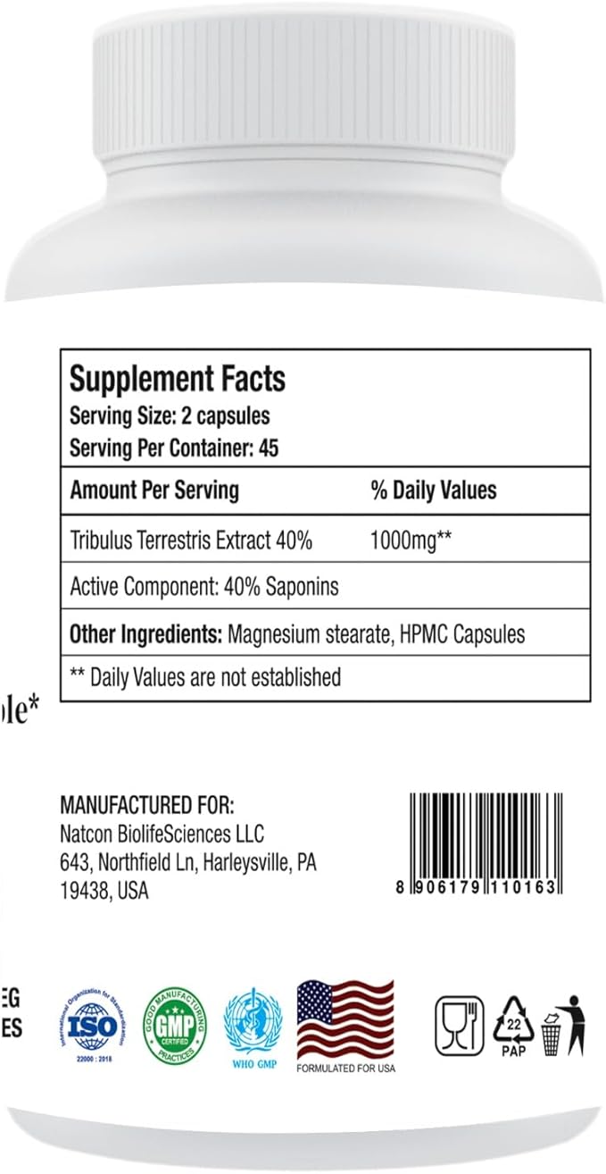 Tribulus Terrestris Extract Capsules 1000mg per Serving |90 Veg Capsules, 45 Days Supply|40% Saponins