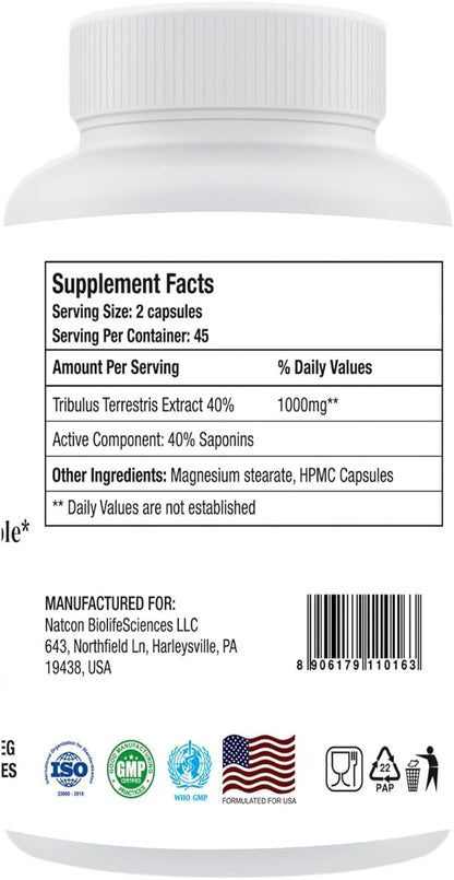 Tribulus Terrestris Extract Capsules 1000mg per Serving |90 Veg Capsules, 45 Days Supply|40% Saponins