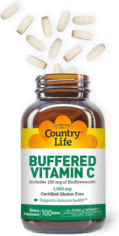 Country Life Buffered Vitamin C 1000mg with Bioflavonoids, Calcium, Magnesium, Potassium - Immune Support, Vegan Capsules, Gluten-Free, Gentle on Stomach - 100 Tablets