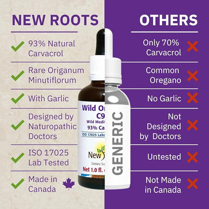 New Roots | Wild Oregano Oil Drops with Garlic (30 ml) | C93 Extra Strength with Highest Concentration Carvacrol (93%), Hand-Picked Mediterranean Oregano Oil Liquid