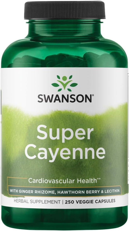 Swanson Super Cayenne - Herbal Supplement Promoting Heart Health, Circulation & Blood Flow - Natural Formula w/Ginger Rhizome, Hawthorne Berry & Lecithin - (250 Veggie Capsules)