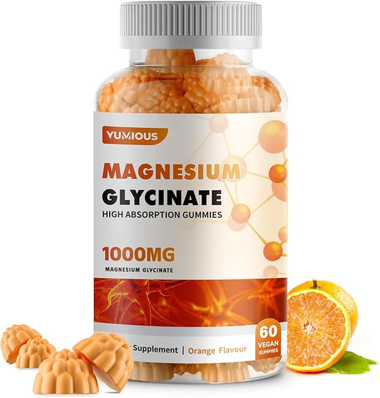 Magnesium Glycinate Gummies 1000mg - for Adults Magnesium Potassium Supplement with Vitamin D, B6, CoQ10 for Calm Mood & Sleep Support - 60 Orange Gummies -1 Pack