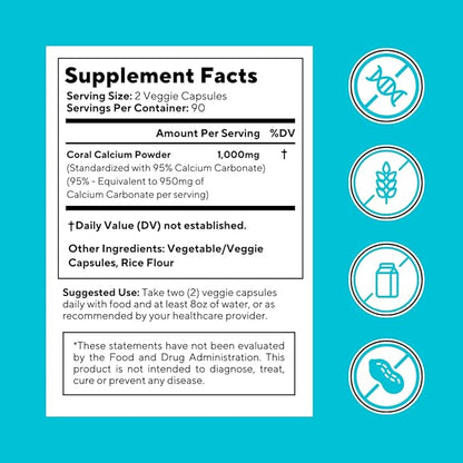 Coral Calcium Powder 1000mg Capsules for Overall Health, Bone Health, PH Level Balance, Trace Minerals Support - 180 Veggie Capsules - Non-GMO & Gluten-Free Supplement