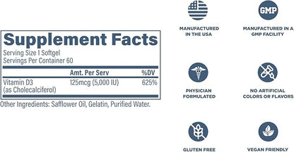 Revive MD Vitamin D3 Supplement, 5000 IU - High Potency Cholecalciferol for Immune Support, Calcium Absorption, Bone & Muscle Health - Non-GMO Dietary Supplement with No Fillers - 60 Softgels