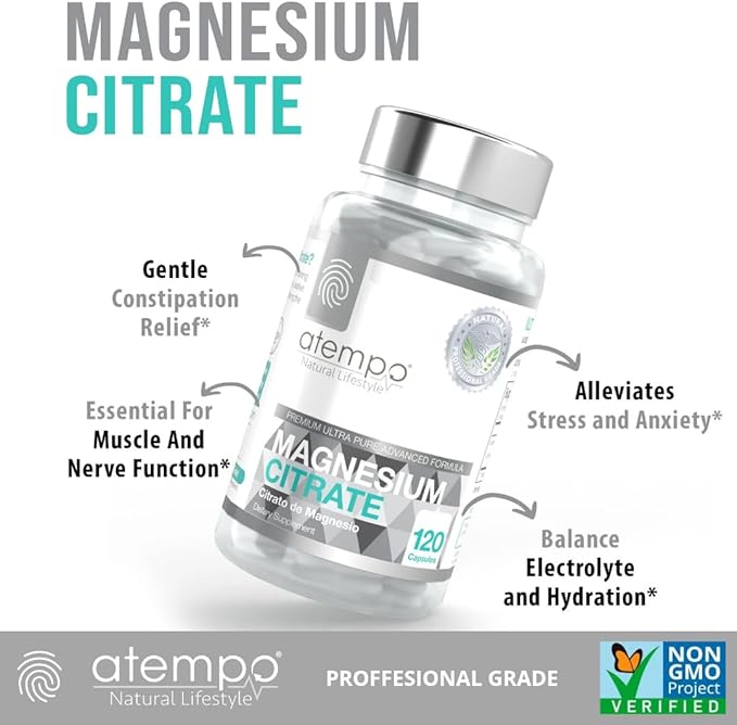 Magnesium Citrate, for Metabolism, Enzyme Function, Electrolyte Balance, Stress, Nerves & Muscles Health* Professional Grade High Absorption, NO FILLERS-ADDITIVES, 120 Vegan Capsules Delay Release