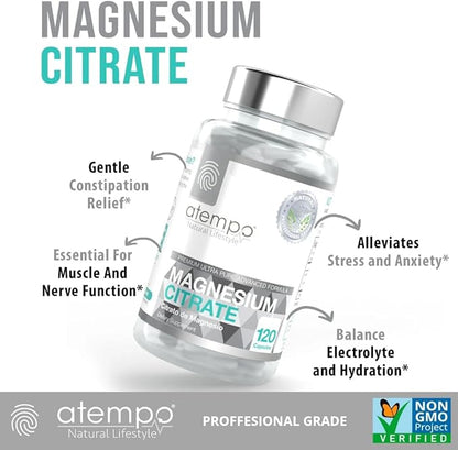 Magnesium Citrate, for Metabolism, Enzyme Function, Electrolyte Balance, Stress, Nerves & Muscles Health* Professional Grade High Absorption, NO FILLERS-ADDITIVES, 120 Vegan Capsules Delay Release