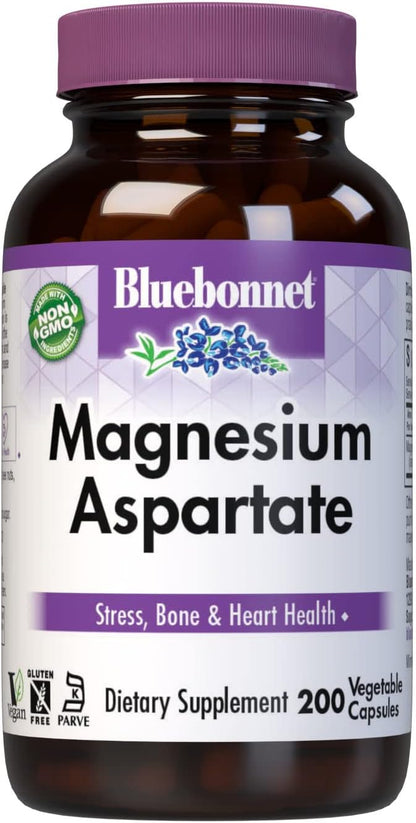 Bluebonnet Nutrition Magnesium 400 mg Chelated Magnesium Aspartate Daily Mineral, Heart & Bone Support* Supplement for Men & Women Vegan, Non-GMO - 200 Vegetable Capsules